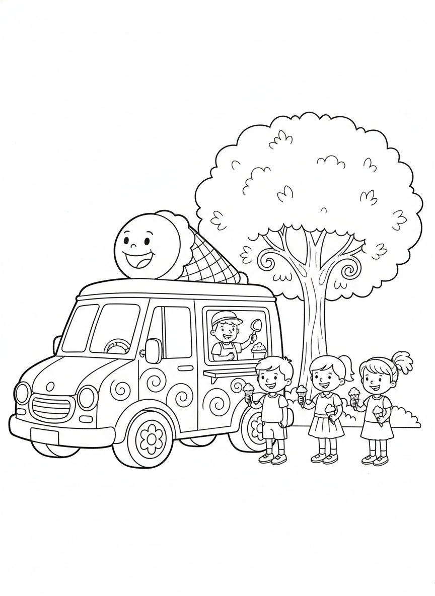 Ice Cream Truck at Park Coloring Page