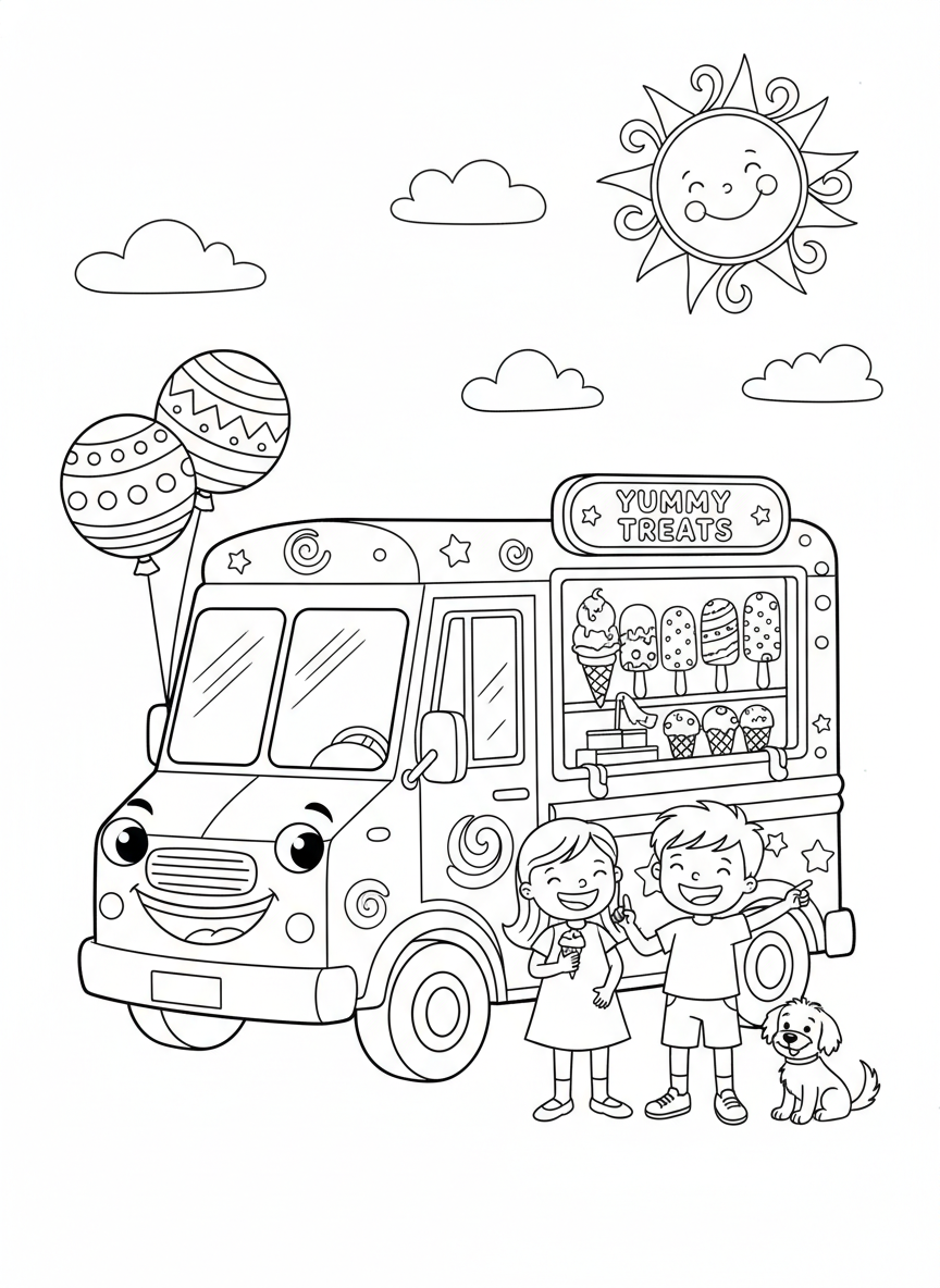 Ice Cream Truck Fun Coloring Page for Kids