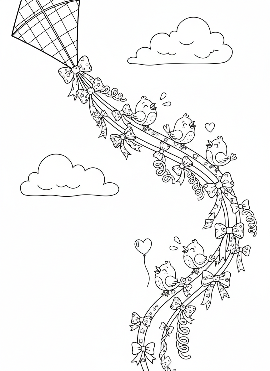 Kite Tail with Happy Birds Coloring Page
