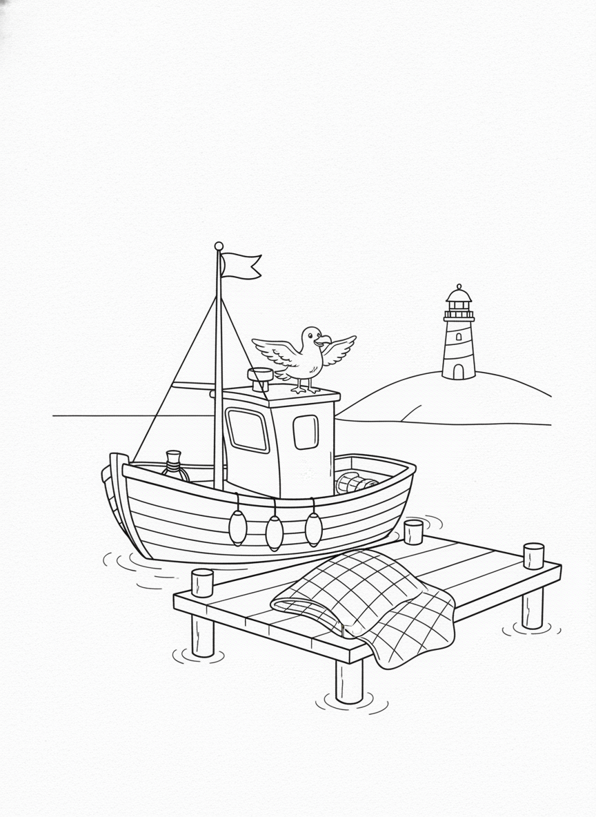 Peaceful Fishing Port: A Charming Boat & Seagull Coloring Page for Kids