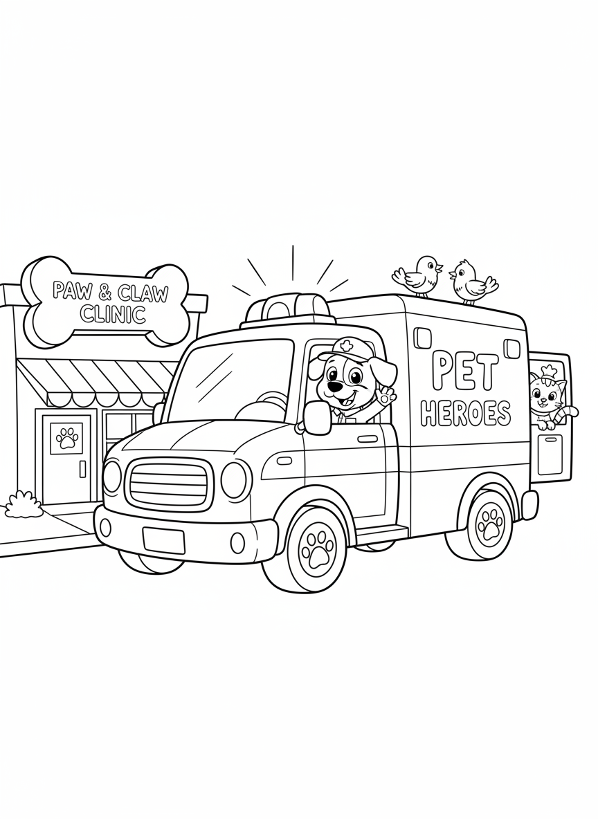 Pet Clinic Rescue Ambulance Coloring Page