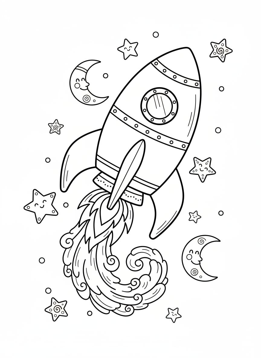 Rocket Ship & Smiling Stars Coloring Page