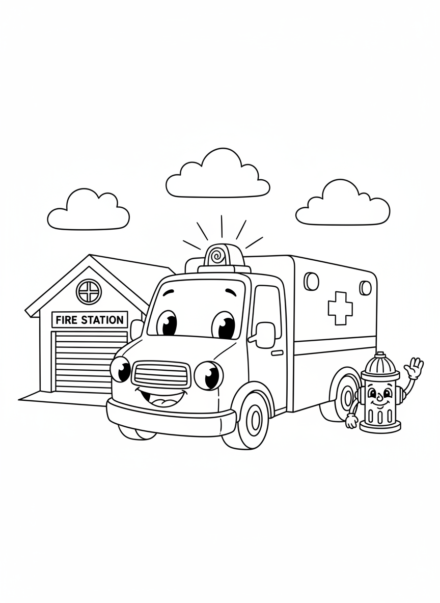 Smiling Ambulance at Fire Station Coloring Page