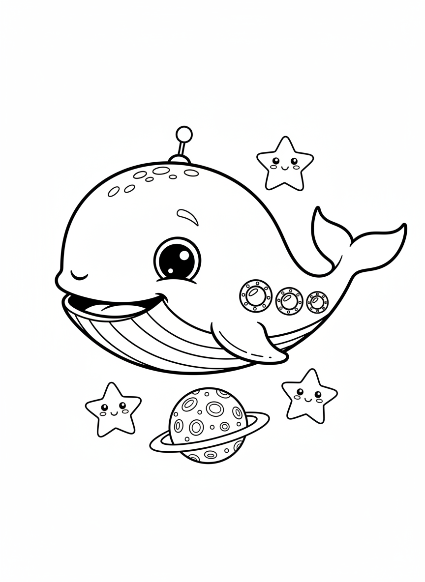 Whale Spaceship Adventure Coloring Page