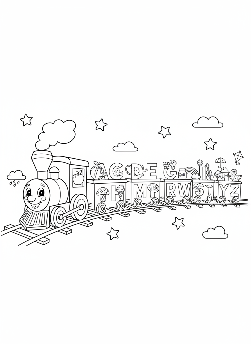 Whimsical Alphabet Train Coloring Page for Kids