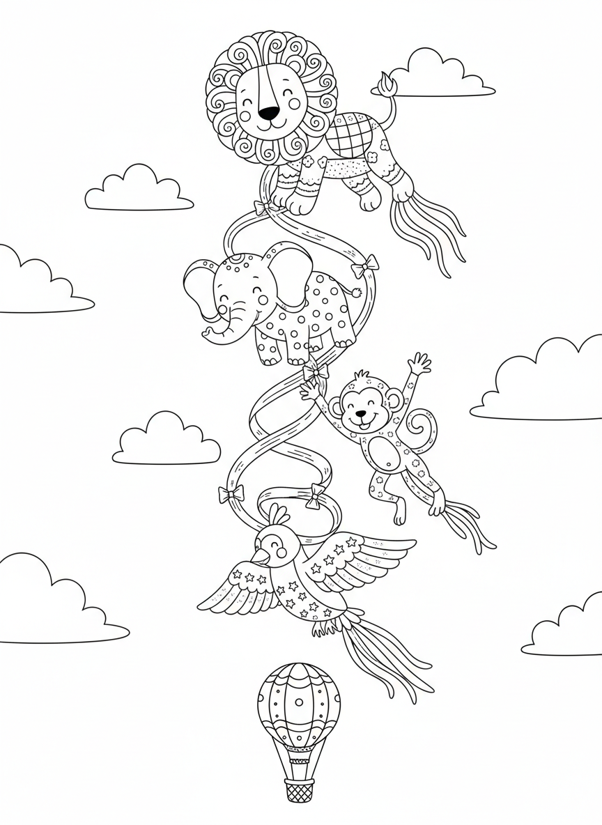 Whimsical Animal Kite Parade Coloring Page