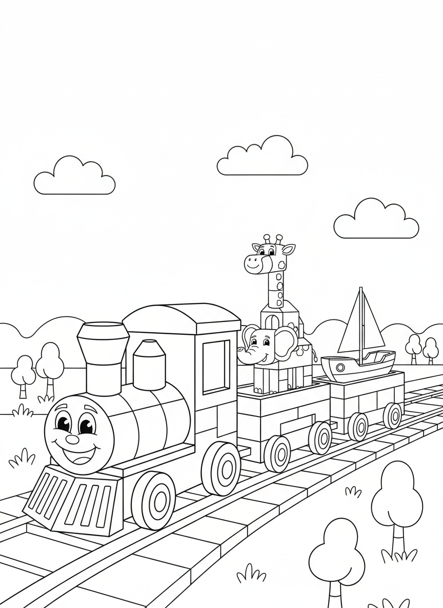Whimsical Block Train Parade Coloring Page