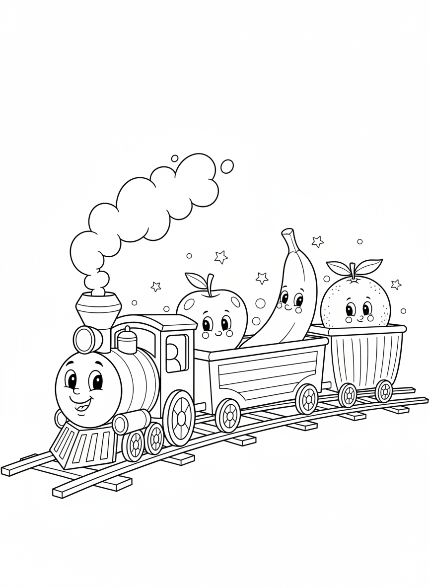 Whimsical Fruit Cargo Train Coloring Page for Kids