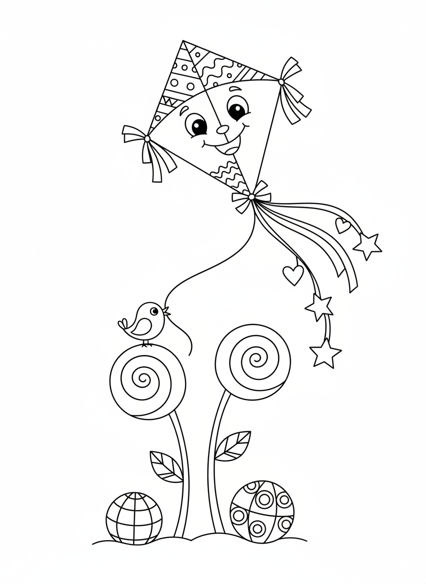 Whimsical Kite & Garden Coloring Page