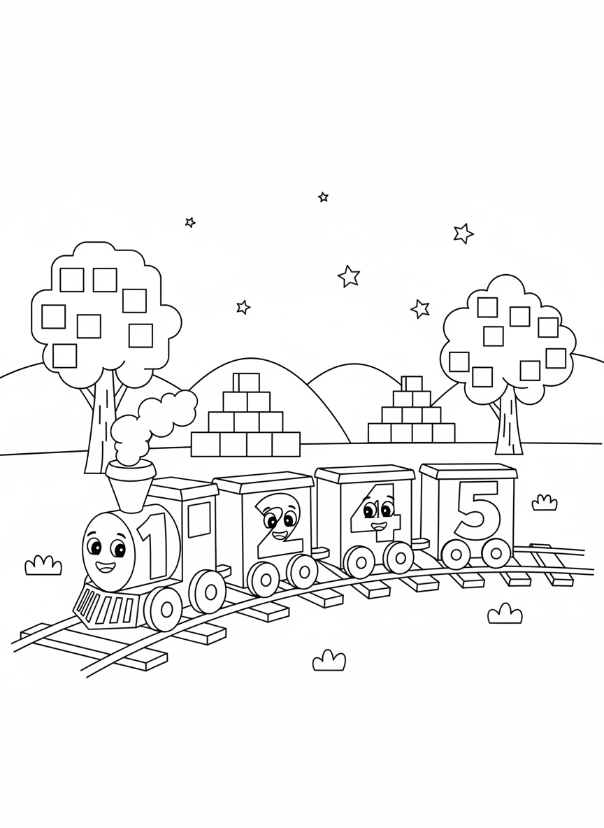 Whimsical Number Block Train Adventure Coloring Page