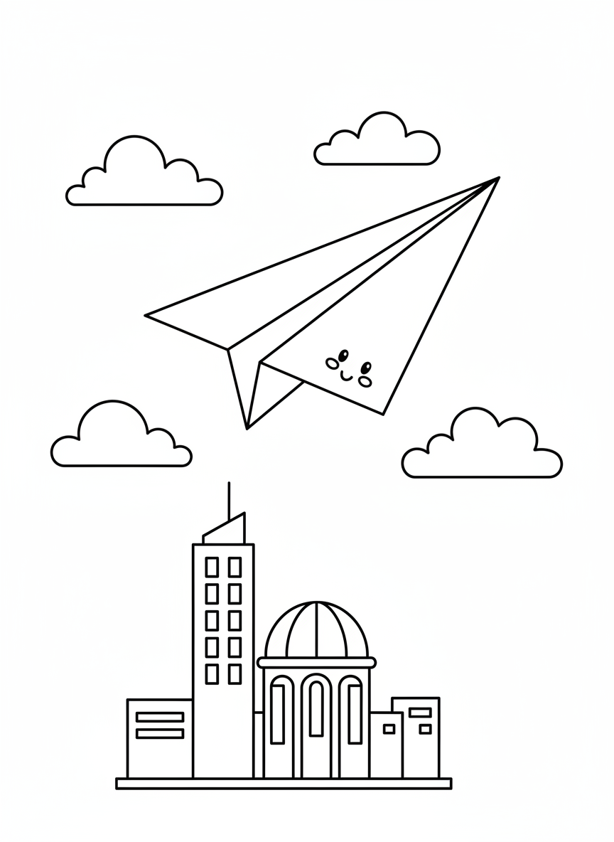 Whimsical Paper Airplane City Flight Coloring Page