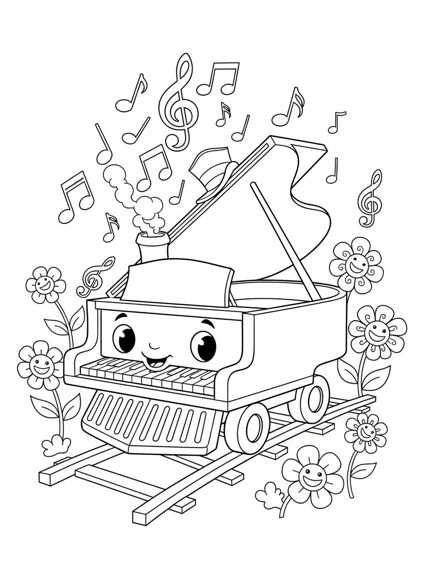 Whimsical Piano Train Engine Coloring Page for Kids